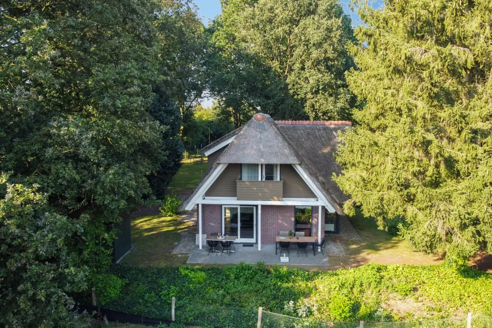Luchtfoto van een rietgedekte vakantiewoning tussen de coniferen