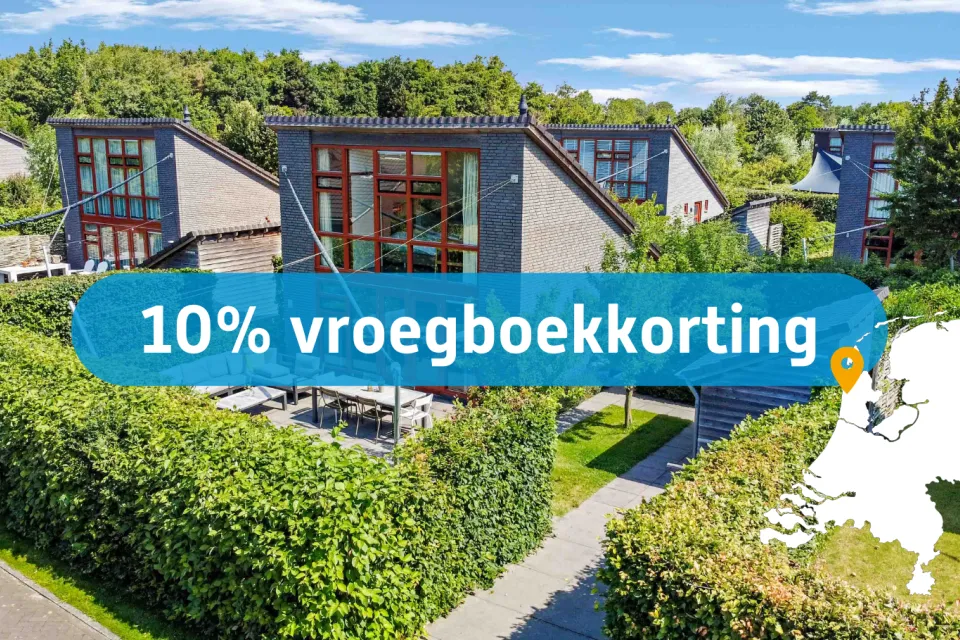 Actiebanner 10 procent vroegboekkorting over een foto van de vakantiewoningen