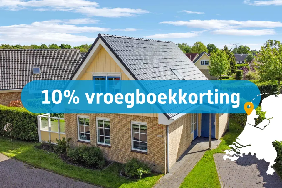 Actiebanner 10 procent vroegboekkorting over een foto van een vakantiewoning met serre