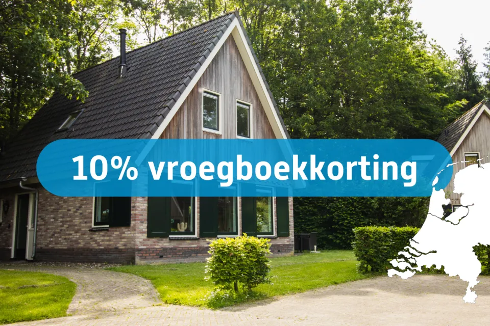 Actiebanner 10 procent vroegboekkorting over een foto van een moderne vakantiewoning