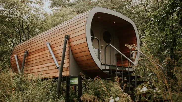 Ronde houten lodge met rond raam op palen tussen de struiken